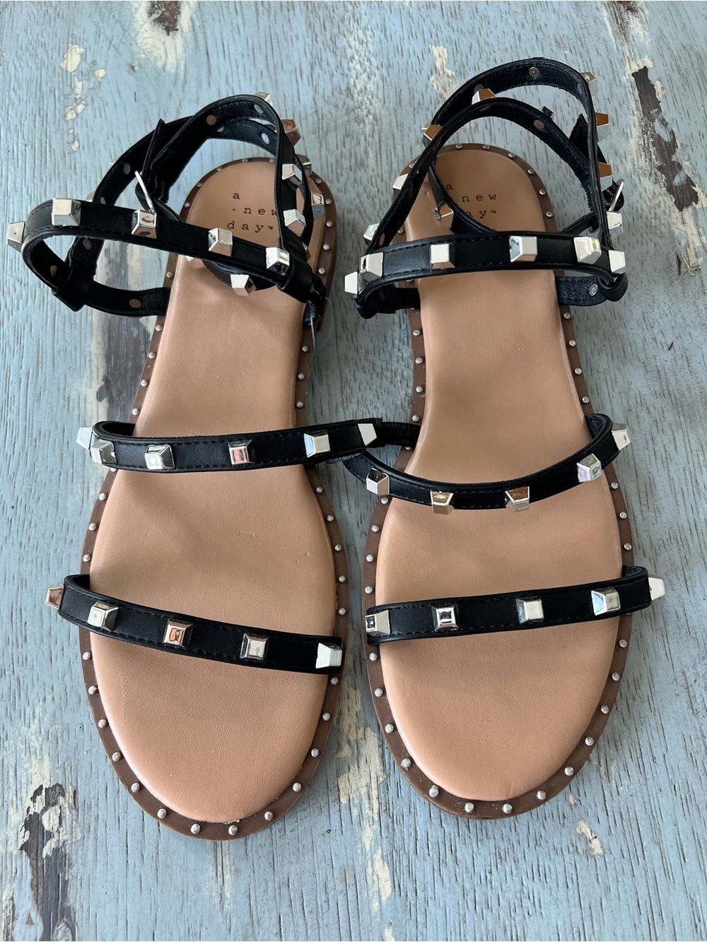 a new day Black Studded Strappy Sandals with Tan Footbed